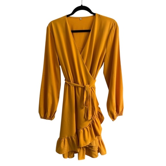 Women’s V-Neck Long Sleeve Wrap Dress with Ruffle Hem - Picture 5 of 8